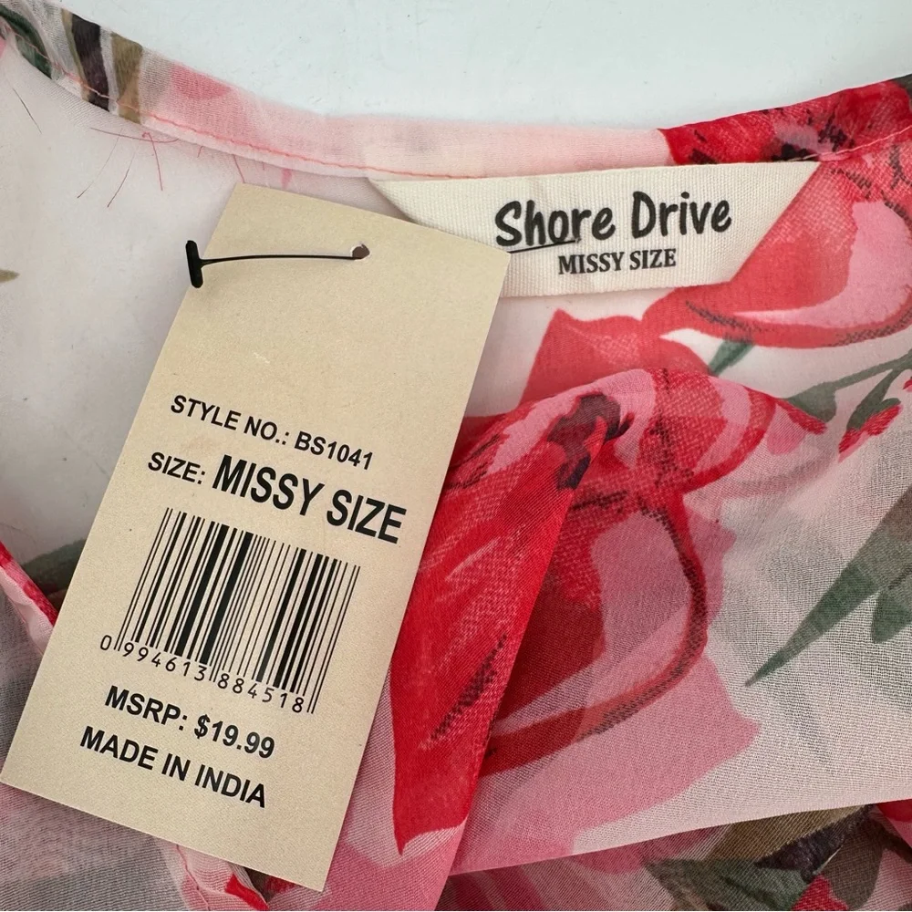 Shore Drive Caftan Swim Cover Pompom Pullover Pink Floral Semisheer Vneck New